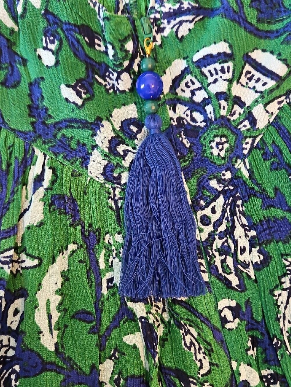 Green & Navy Printed Patio Dress with Tassel Tie - Picture 5 of 10